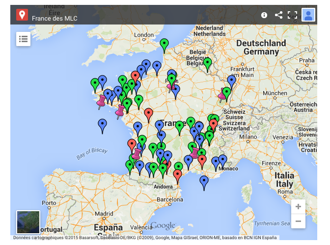 Carte des monnaies locales aujourd'hui en France. A retrouver sur http://monnaie-locale-complementaire.net/france/